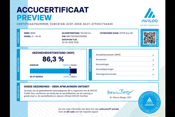 BMW i3 S iPerformance 94Ah 33 kWh | verwarmde voorstoelen | cruise control | Soh (batterijcheck) Waarde 86,3 %