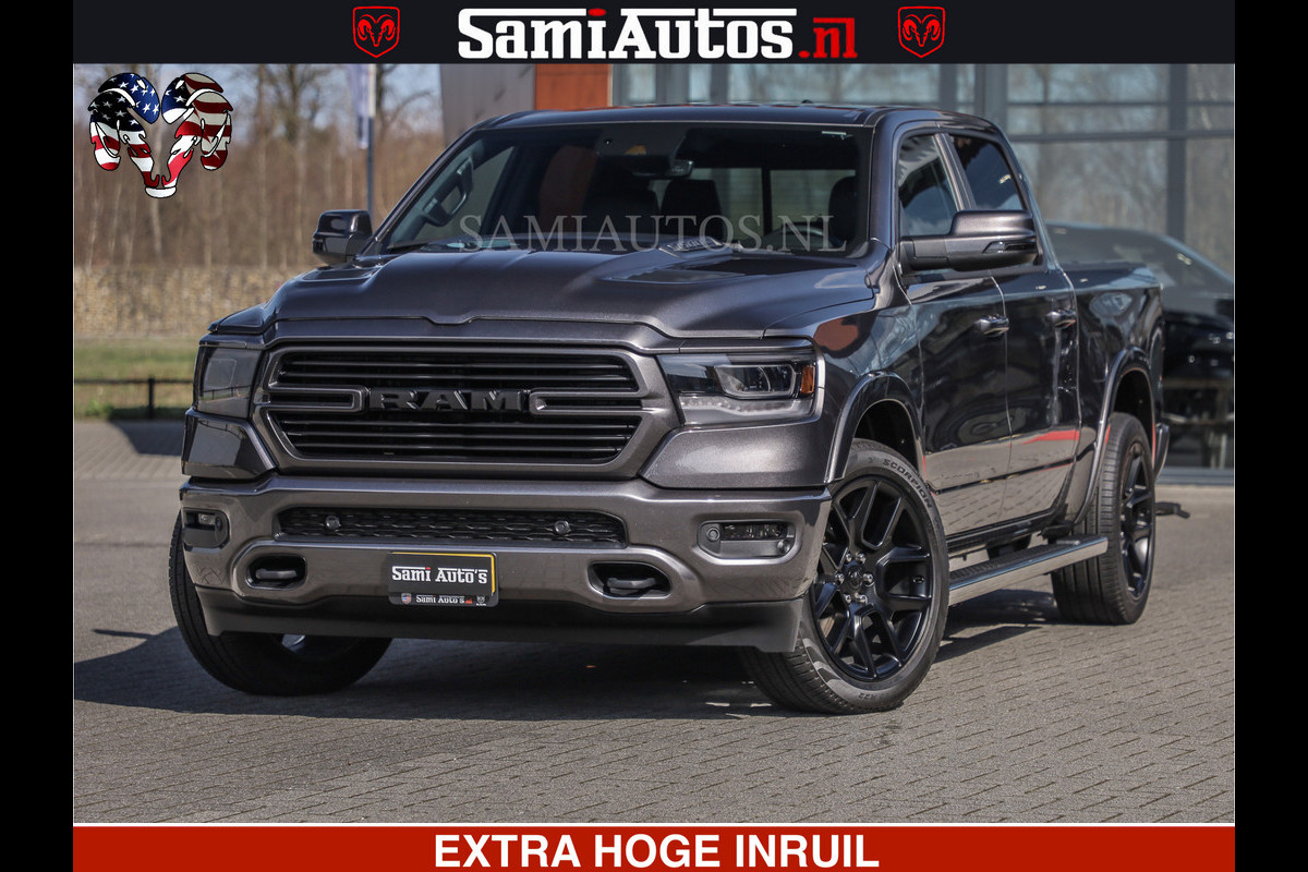 Dodge Ram SPORT | 5.7 V8 4X4 | 22 ICH WHEELS | 12 INCH MULTIMEDIA | MEMORY SEAT | BED STEP | 3500KG | GRANITE CRYSTAL | PRINS LPG | CRUISE | FULL LED | ALARM K3 | UITLAAT KLEP SYSTEEM ALS NIEUW!