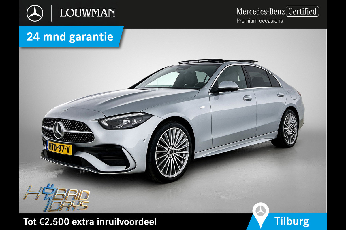 Mercedes-Benz C-Klasse 300 e Business Solution AMG AMG Line | Panorama Schuif-Kanteldak | Distronic | Lederen bekleding | Alarm | Parkeerpakket met 360°-camera | 20 Inch AMG Velgen. Inclusief 24 maanden Mercedes-Benz Certified garantie voor Europa.