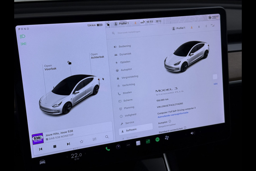 Tesla Model 3 SR+ 325PK LFP-Accu SOH 91% Trekhaak AutoPilot Leer Pano-Dak Adaptive Cruise Lmv 18" Camera's Elektr.-Stuur+Stoelen+Spiegels+Gehe Ecc Navi Led DAB Voorverwarmen interieur via App Keyless One-Pedal-Drive 1.000KG Trekgewicht Origineel Nederlandse Auto LFP accu dus 100% opladen!