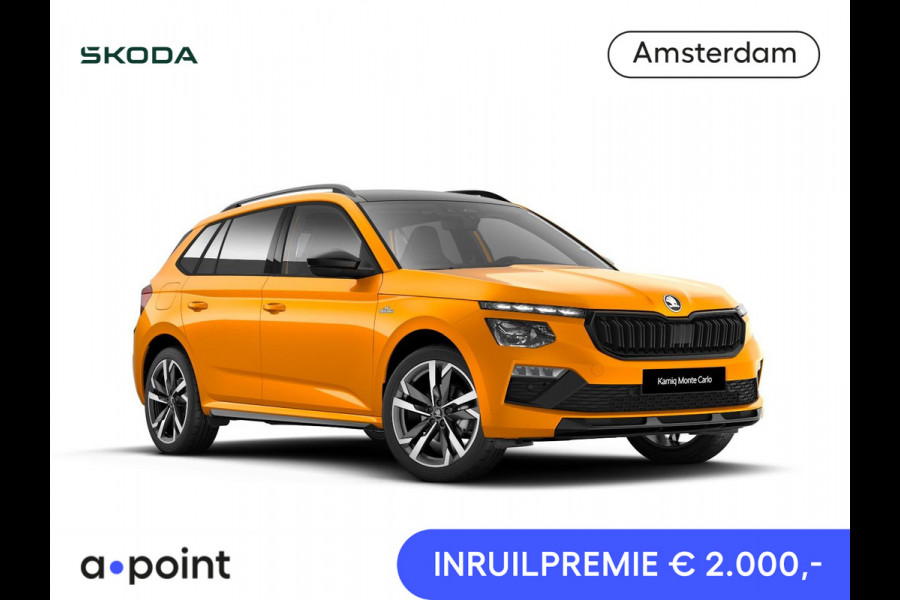 Škoda Kamiq Monte Carlo 1.0 TSI 115 pk 7 versn. DSG | 115 pk 7 vers. DSG | Wegklapbare Trekhaak | Navigatie Pakket | Travel Assist Plus | Winter Pakket | 18 inch Lichtmetalen Velgen Ursa Monte Carlo, Zwart