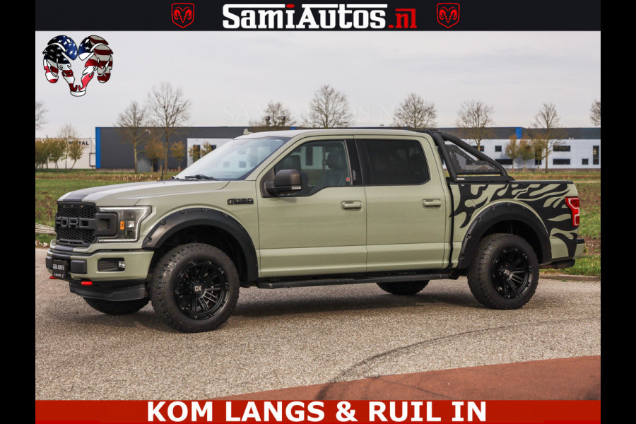 Dodge Ram FORD F150 5.0 V8 4X4 | MAT OLIVE GREEN | BIJTELLING VRIJ | ZEER DIK | CAMERA | 3500KG | PANORAMA | LEDER | GO RHINO ROLLBAR | CRUISE CONTROL | PRINS LPG | BAKFLIP COVER | Deze pick-up is leverbaar met zowel een groot rijbewijs (C) als een klein rijbewijs (B). Laat ons weten wat jouw voorkeur is.