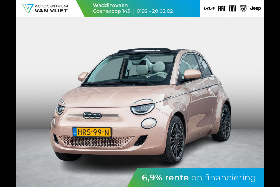 Fiat 500E Cabrio La Prima 42 kWh | 17% Bijtelling | Clima | Cruise | Leder | 17" | Priv Glass | Winter Pack | JBL Sound | BSM | Apple Carplay