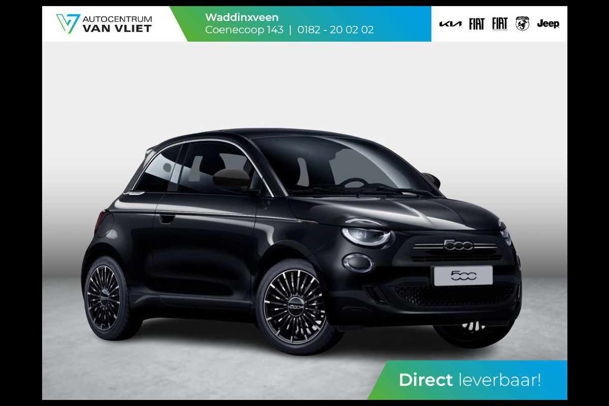 Fiat 500 Hybrid La Prima | Uit voorraad leverbaar | Clima | LED | PDC | JBL Premium Audio | 17" | Camera | BSM | Canneloni Ivory/Piombo interieur
