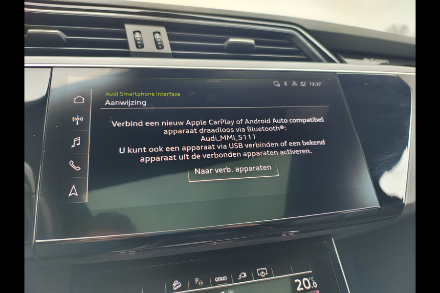 Audi e-tron Sportback 55 Quattro 408pk 95kWh SOH 90% Panorama-Schuifdak Leder Bang&Olufsen®-Audio Apple Carplay Android Auto Adap.Cruise Camera Navi L Elek.Stoelen+Memory+Verwarmd Lmv 20" Elek.Achterklep Virtual Cockpit Led Isofix DAB Bluetooth Privacy Glas Origineel Nederlandse Auto Nieuwprijs €93.721,-