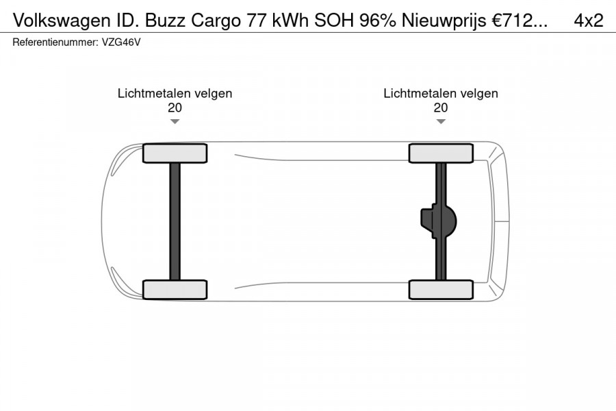 Volkswagen ID. Buzz Cargo 77 kWh SOH 96% Nieuwprijs €71233! Airco Navi Wireless Carplay IQ Light 20" LM Velgen Adaptive Cruise Control PDC VA + Camera Stoelverwarming Voorruit verwarming 3-Zits