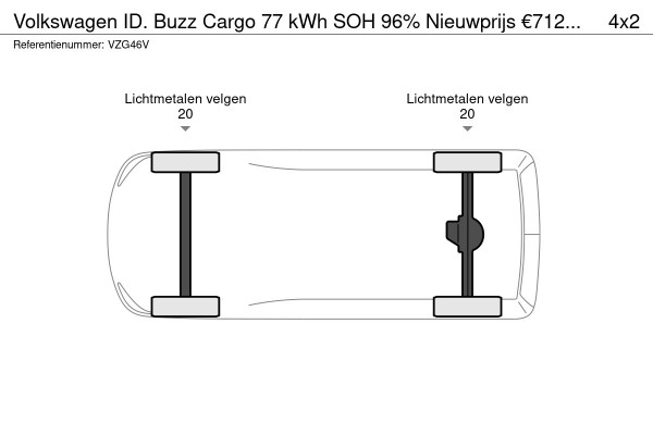 Volkswagen ID. Buzz Cargo 77 kWh SOH 96% Nieuwprijs €71233! Airco Navi Wireless Carplay IQ Light 20" LM Velgen Adaptive Cruise Control PDC VA + Camera Stoelverwarming Voorruit verwarming 3-Zits