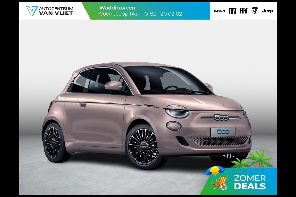 Fiat 500E 3+1 La Prima 42 kWh | 17% Bijtelling | Clima | Cruise | Leder | 17" | Priv Glass | Winter Pack | JBL Sound | BSM | Apple Carplay