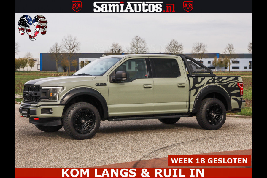 Ford USA F-150 5.0 V8 4X4 | MAT OLIVE GREEN | BIJTELLING VRIJ | ZEER DIK | CAMERA | 3500KG | PANORAMA | LEDER | GO RHINO ROLLBAR | CRUISE CONTROL | PRINS LPG | BAKFLIP COVER | Deze pick-up is leverbaar met zowel een groot rijbewijs (C) als een klein rijbewijs (B). Laat ons weten wat jouw voorkeur is.
