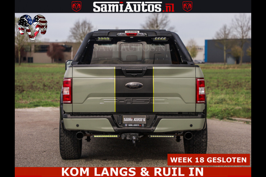 Ford USA F-150 5.0 V8 4X4 | MAT OLIVE GREEN | BIJTELLING VRIJ | ZEER DIK | CAMERA | 3500KG | PANORAMA | LEDER | GO RHINO ROLLBAR | CRUISE CONTROL | PRINS LPG | BAKFLIP COVER | Deze pick-up is leverbaar met zowel een groot rijbewijs (C) als een klein rijbewijs (B). Laat ons weten wat jouw voorkeur is.