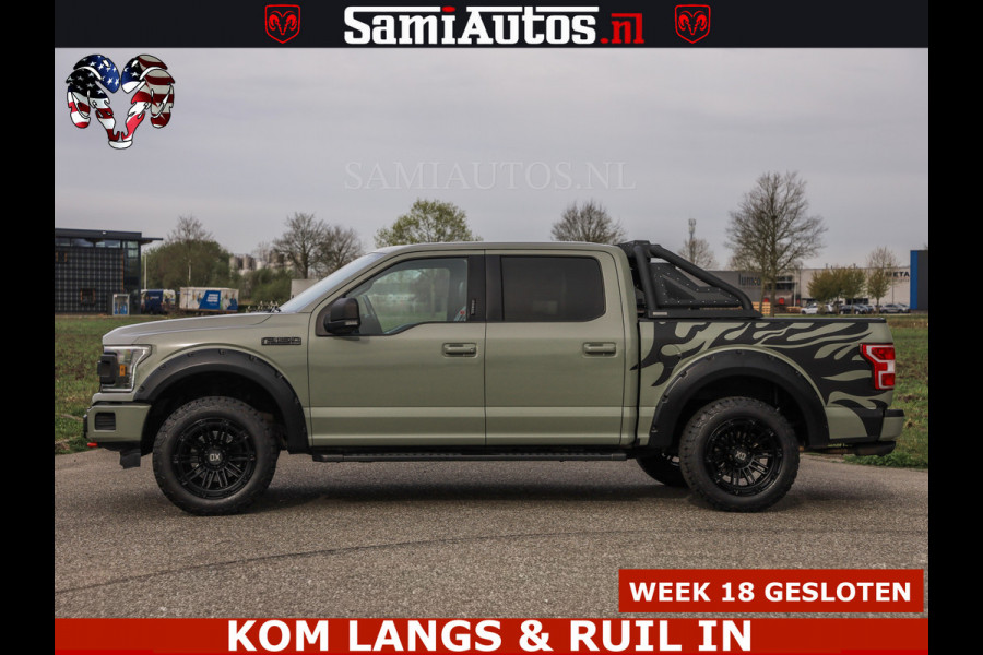 Ford USA F-150 5.0 V8 4X4 | MAT OLIVE GREEN | BIJTELLING VRIJ | ZEER DIK | CAMERA | 3500KG | PANORAMA | LEDER | GO RHINO ROLLBAR | CRUISE CONTROL | PRINS LPG | BAKFLIP COVER | Deze pick-up is leverbaar met zowel een groot rijbewijs (C) als een klein rijbewijs (B). Laat ons weten wat jouw voorkeur is.