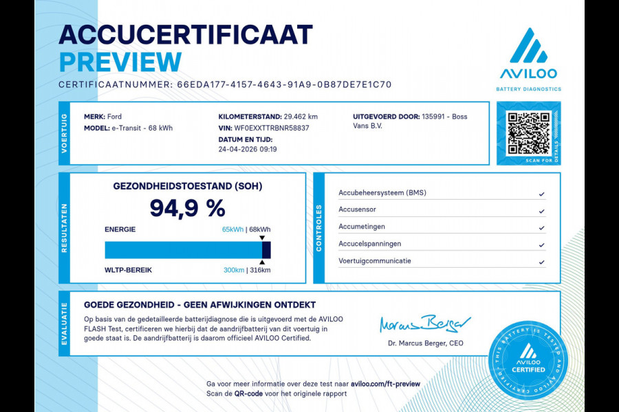 Ford E-Transit 68kWh 184PK L2H2 317km WLTP 94,9% (SOH) BEV Snelladen Cruise control Climate control Carplay Navigatie Laadkabel Parkeersensoren