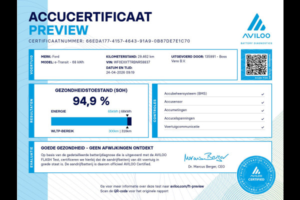 Ford E-Transit 68kWh 184PK L2H2 317km WLTP 94,9% (SOH) BEV Snelladen Cruise control Climate control Carplay Navigatie Laadkabel Parkeersensoren