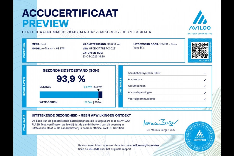 Ford E-Transit 68kWh 184PK L4H3 317km WLTP 93,9% (SOH) BEV Snelladen Carplay Climate control Laadkabel 360° camera Parkeersensoren voor achter Stoelverwarming