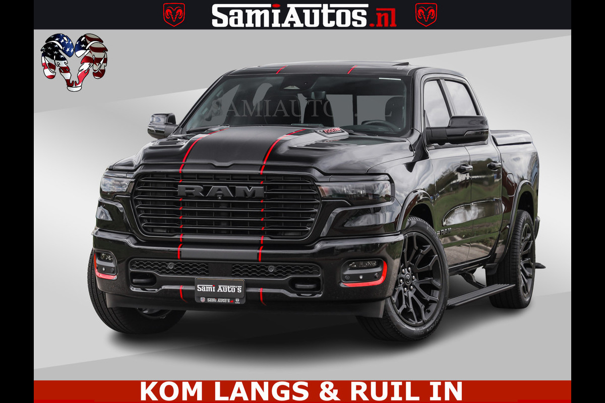 Dodge Ram NIGHT PREMIUM | 426PK | STRIPING | LUCHTVERING | HUD | PANO | 360 CAM | Full Option | LIMITED WHEELS | De Meest Luxe Pick-Up in  Comfortabele Dubbele Cabine met Royale 5 Zitplaatsen | EERSTE EIGENAAR | SMOKE PACK | BOM VOL |