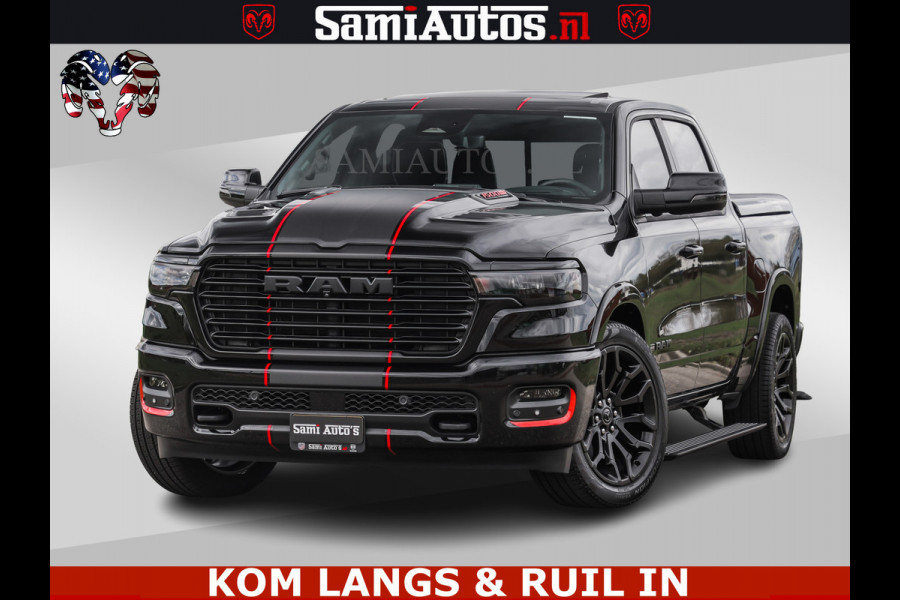 Dodge Ram NIGHT PREMIUM | 426PK | STRIPING | LUCHTVERING | HUD | PANO | 360 CAM | Full Option | LIMITED WHEELS | De Meest Luxe Pick-Up in  Comfortabele Dubbele Cabine met Royale 5 Zitplaatsen | EERSTE EIGENAAR | SMOKE PACK | BOM VOL |