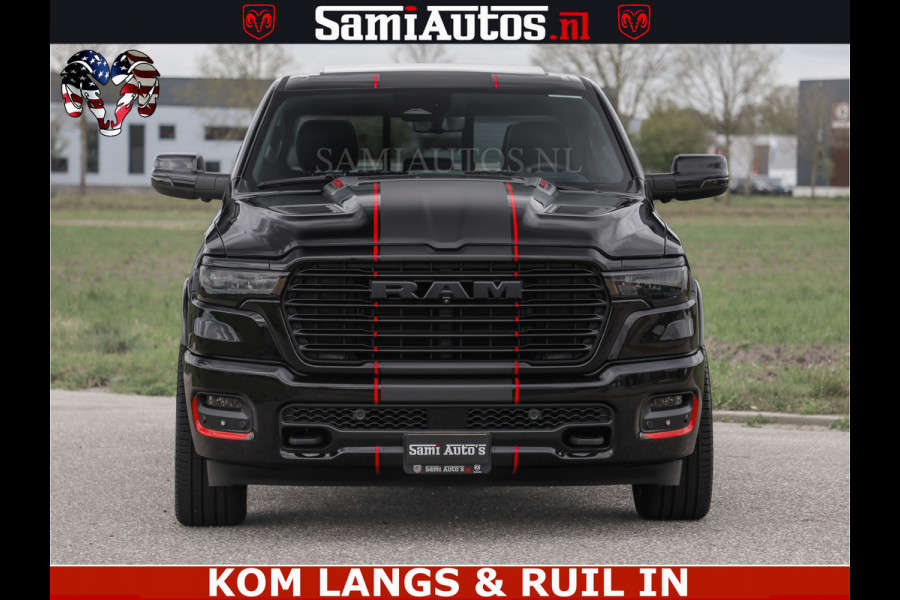 Dodge Ram NIGHT PREMIUM | 426PK | STRIPING | LUCHTVERING | HUD | PANO | 360 CAM | Full Option | LIMITED WHEELS | De Meest Luxe Pick-Up in  Comfortabele Dubbele Cabine met Royale 5 Zitplaatsen | EERSTE EIGENAAR | SMOKE PACK | BOM VOL |