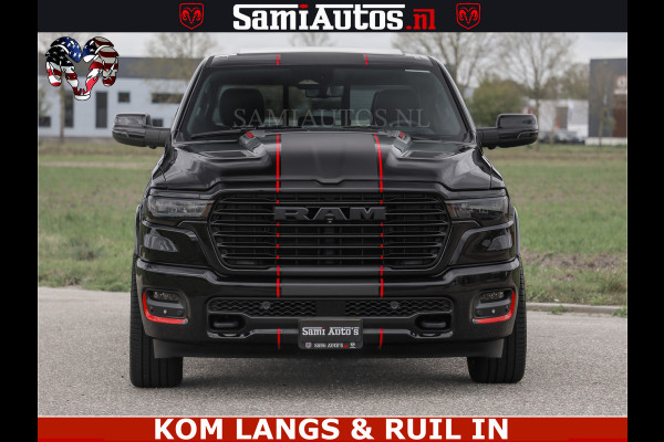 Dodge Ram NIGHT PREMIUM | 426PK | STRIPING | LUCHTVERING | HUD | PANO | 360 CAM | Full Option | LIMITED WHEELS | De Meest Luxe Pick-Up in  Comfortabele Dubbele Cabine met Royale 5 Zitplaatsen | EERSTE EIGENAAR | SMOKE PACK | BOM VOL |