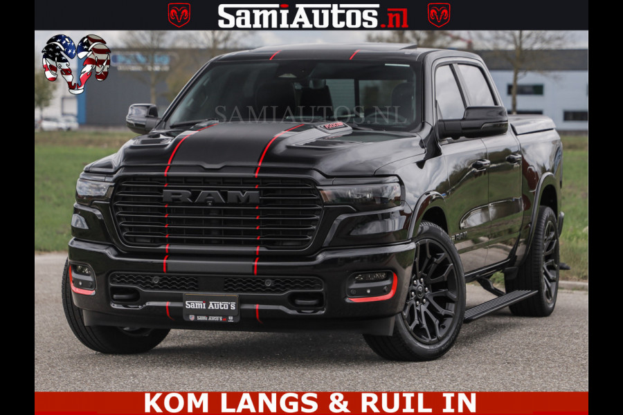 Dodge Ram NIGHT PREMIUM | 426PK | STRIPING | LUCHTVERING | HUD | PANO | 360 CAM | Full Option | LIMITED WHEELS | De Meest Luxe Pick-Up in  Comfortabele Dubbele Cabine met Royale 5 Zitplaatsen | EERSTE EIGENAAR | SMOKE PACK | BOM VOL |
