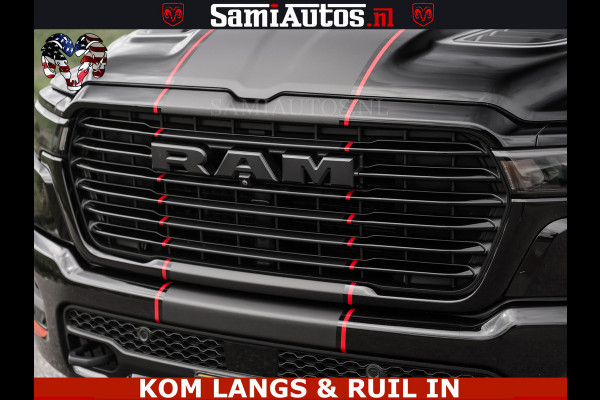 Dodge Ram NIGHT PREMIUM | 426PK | STRIPING | LUCHTVERING | HUD | PANO | 360 CAM | Full Option | LIMITED WHEELS | De Meest Luxe Pick-Up in  Comfortabele Dubbele Cabine met Royale 5 Zitplaatsen | EERSTE EIGENAAR | SMOKE PACK | BOM VOL |