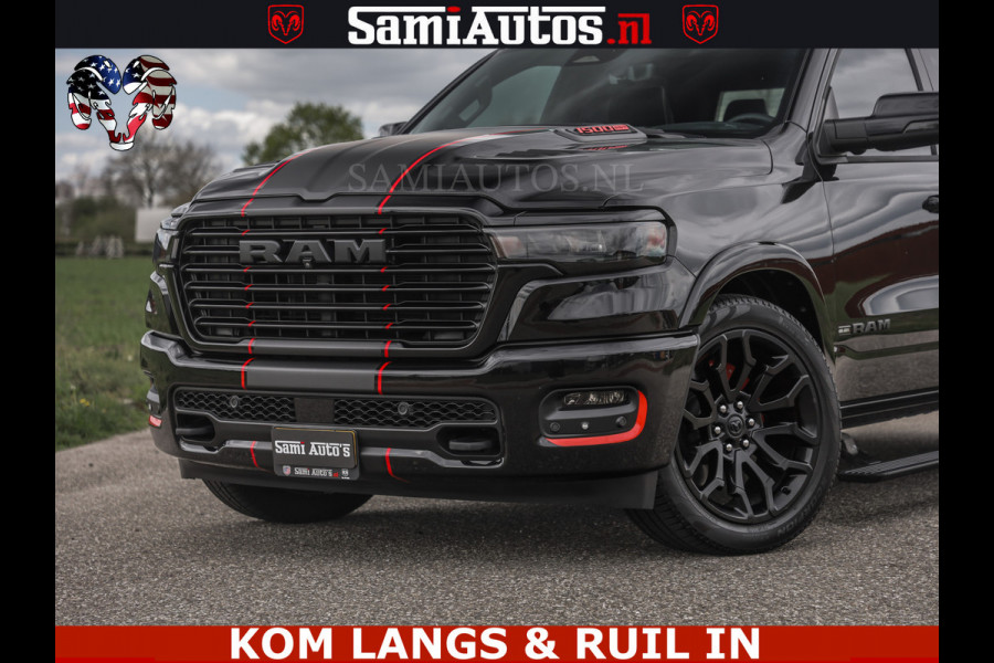 Dodge Ram NIGHT PREMIUM | 426PK | STRIPING | LUCHTVERING | HUD | PANO | 360 CAM | Full Option | LIMITED WHEELS | De Meest Luxe Pick-Up in  Comfortabele Dubbele Cabine met Royale 5 Zitplaatsen | EERSTE EIGENAAR | SMOKE PACK | BOM VOL |