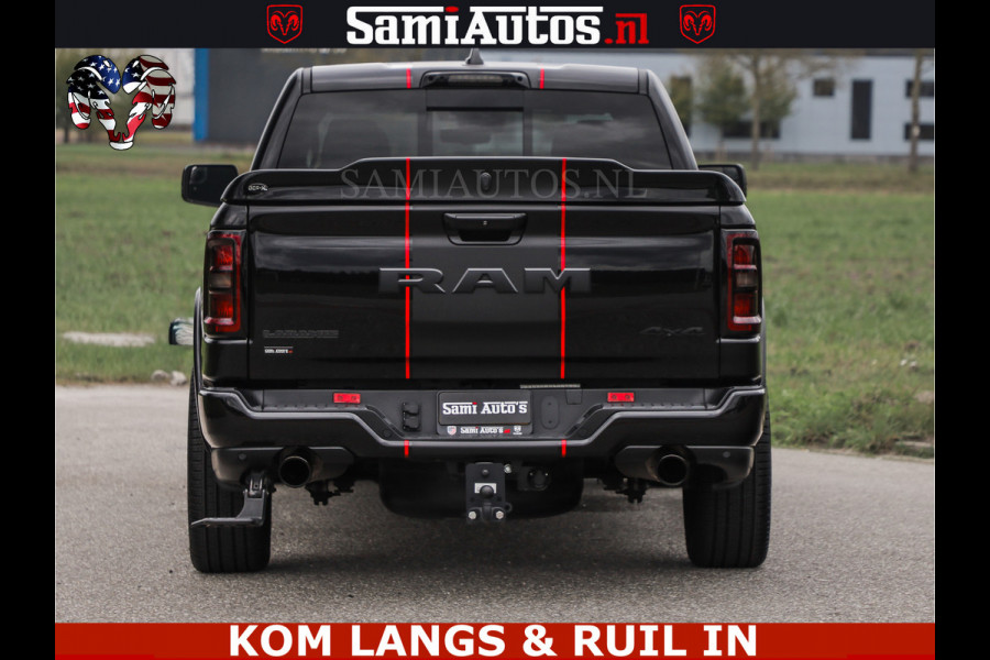 Dodge Ram NIGHT PREMIUM | 426PK | STRIPING | LUCHTVERING | HUD | PANO | 360 CAM | Full Option | LIMITED WHEELS | De Meest Luxe Pick-Up in  Comfortabele Dubbele Cabine met Royale 5 Zitplaatsen | EERSTE EIGENAAR | SMOKE PACK | BOM VOL |