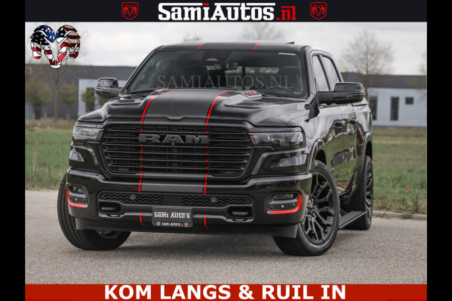 Dodge Ram NIGHT PREMIUM | 426PK | STRIPING | LUCHTVERING | HUD | PANO | 360 CAM | Full Option | LIMITED WHEELS | De Meest Luxe Pick-Up in  Comfortabele Dubbele Cabine met Royale 5 Zitplaatsen | EERSTE EIGENAAR | SMOKE PACK | BOM VOL |