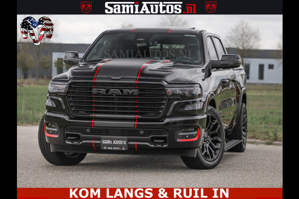 Dodge Ram NIGHT PREMIUM | 426PK | STRIPING | LUCHTVERING | HUD | PANO | 360 CAM | Full Option | LIMITED WHEELS | De Meest Luxe Pick-Up in  Comfortabele Dubbele Cabine met Royale 5 Zitplaatsen | EERSTE EIGENAAR | SMOKE PACK | BOM VOL |