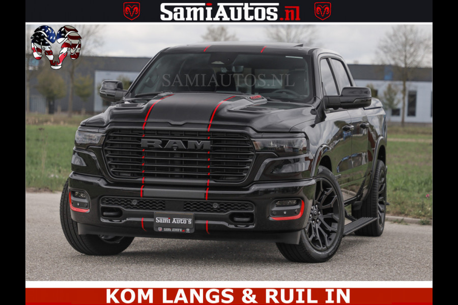 Dodge Ram NIGHT PREMIUM | 426PK | STRIPING | LUCHTVERING | HUD | PANO | 360 CAM | Full Option | LIMITED WHEELS | De Meest Luxe Pick-Up in  Comfortabele Dubbele Cabine met Royale 5 Zitplaatsen | EERSTE EIGENAAR | SMOKE PACK | BOM VOL |