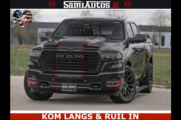 Dodge Ram NIGHT PREMIUM | 426PK | STRIPING | LUCHTVERING | HUD | PANO | 360 CAM | Full Option | LIMITED WHEELS | De Meest Luxe Pick-Up in  Comfortabele Dubbele Cabine met Royale 5 Zitplaatsen | EERSTE EIGENAAR | SMOKE PACK | BOM VOL |