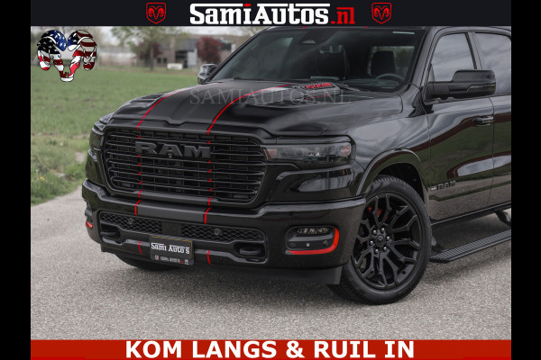 Dodge Ram NIGHT PREMIUM | 426PK | STRIPING | LUCHTVERING | HUD | PANO | 360 CAM | Full Option | LIMITED WHEELS | De Meest Luxe Pick-Up in  Comfortabele Dubbele Cabine met Royale 5 Zitplaatsen | EERSTE EIGENAAR | SMOKE PACK | BOM VOL |