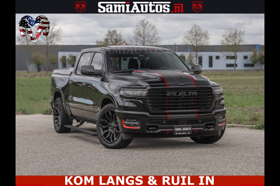 Dodge Ram NIGHT PREMIUM | 426PK | STRIPING | LUCHTVERING | HUD | PANO | 360 CAM | Full Option | LIMITED WHEELS | De Meest Luxe Pick-Up in  Comfortabele Dubbele Cabine met Royale 5 Zitplaatsen | EERSTE EIGENAAR | SMOKE PACK | BOM VOL |