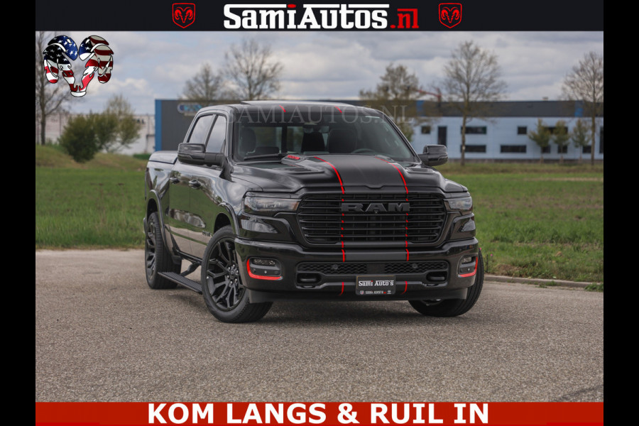 Dodge Ram NIGHT PREMIUM | 426PK | STRIPING | LUCHTVERING | HUD | PANO | 360 CAM | Full Option | LIMITED WHEELS | De Meest Luxe Pick-Up in  Comfortabele Dubbele Cabine met Royale 5 Zitplaatsen | EERSTE EIGENAAR | SMOKE PACK | BOM VOL |