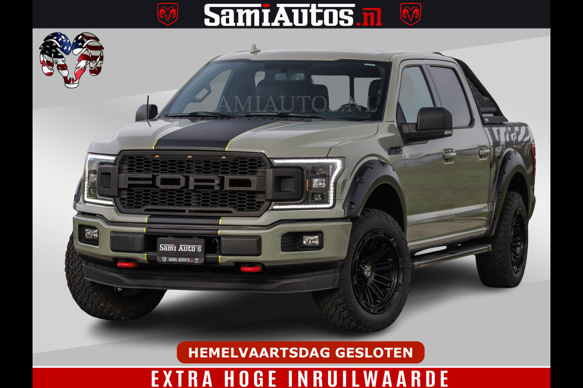 Ford USA F-150 5.0 V8 4X4 | MAT OLIVE GREEN | BIJTELLING VRIJ | ZEER DIK | CAMERA | 3500KG | PANORAMA | LEDER | GO RHINO ROLLBAR | CRUISE CONTROL | PRINS LPG | BAKFLIP COVER | Deze pick-up is leverbaar met zowel een groot rijbewijs (C) als een klein rijbewijs (B). Laat ons weten wat jouw voorkeur is.