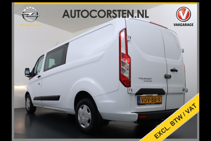 Ford Transit Custom 300 2.0TDCI 130PK Dubbele Cabine L2H1 Trekhaak Navi Camera Airco Cruise Control Pdc Trend DC Schuifdeur Betonplex Vloer Wandbetimmering Bott Inbouwkast Lane Assist 2.800KG Trekgewicht 1e Eigenaar