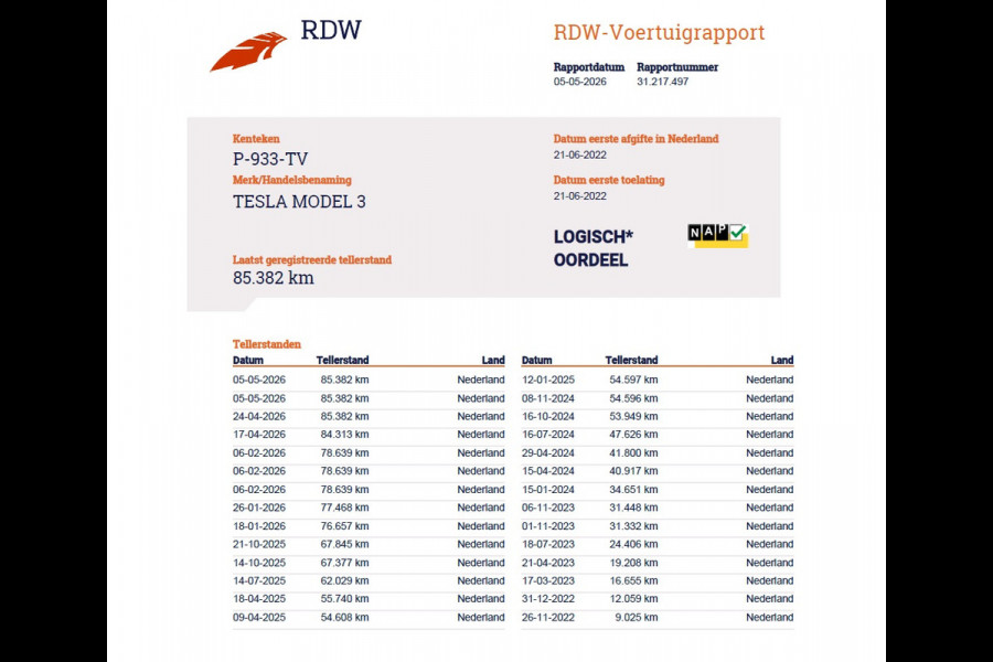 Tesla Model 3 Standard RWD Plus LFP Accu SOH 90,5% Warmtepomp Lmv 19" Elek.Achterklep Leder Panoramadak Navi Ecc Camera's Navi Ecc Pdc Traffic Aware Cruise + Aut.Sturen Lmv Led Elek.Stoelen+Memory+Verwarmd Dealeronderhouden Origineel Nederlandse Auto Garantie op Accu en Motor tot 21-6-2030/160.000km