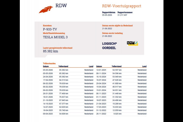 Tesla Model 3 Standard RWD Plus LFP Accu SOH 90,5% Warmtepomp Lmv 19" Elek.Achterklep Leder Panoramadak Navi Ecc Camera's Navi Ecc Pdc Traffic Aware Cruise + Aut.Sturen Lmv Led Elek.Stoelen+Memory+Verwarmd Dealeronderhouden Origineel Nederlandse Auto Garantie op Accu en Motor tot 21-6-2030/160.000km