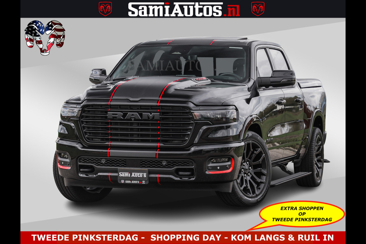 Dodge Ram NIGHT PREMIUM | 426PK | STRIPING | LUCHTVERING | HUD | PANO | 360 CAM | Full Option | LIMITED WHEELS | De Meest Luxe Pick-Up in  Comfortabele Dubbele Cabine met Royale 5 Zitplaatsen | EERSTE EIGENAAR | SMOKE PACK | BOM VOL |