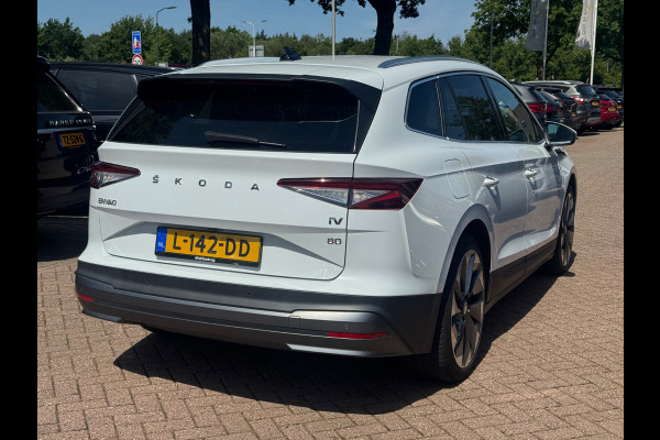 Škoda ENYAQ iV 80 First Edition / SoH 91,4% / Trekhaak / Camera / Leder / CarPlay / Keyless / 21'' / Warmtepomp / Stuur+Stoelverwarming / Dodehoek / DAB / ACC