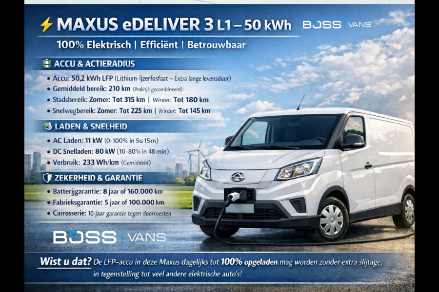 Maxus EDELIVER 3 50kWh 122PK ALL-IN PRIJS 240km WLTP SWB Carplay Touchscreen scherm Camera Parkeersensoren