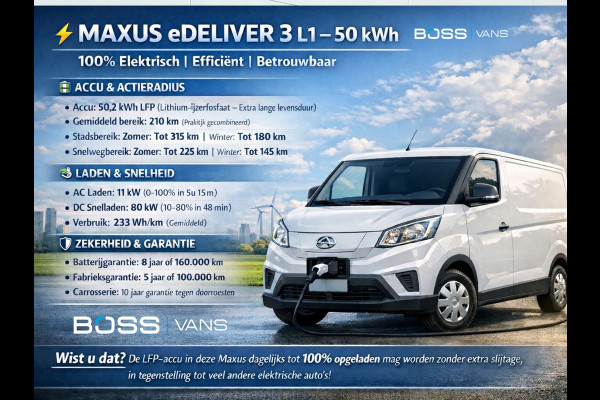 Maxus EDELIVER 3 50kWh 122PK ALL-IN PRIJS 240km WLTP SWB Carplay Touchscreen scherm Camera Parkeersensoren