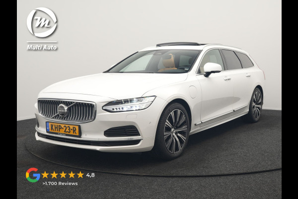 Volvo V90 T8 AWD Plus Bright LONG RANGE PHEV 455pk Dealer O.H. | Trekhaak Af Fabriek | Panodak | Adaptive Cruise | 360 Camera | Harman / Kardon | Lederen Sportstoelen Ventilatie & Memory | Stoelen & Stuur Verwarmd | Keyless | Blis | Google Assistent | SCHADE!!