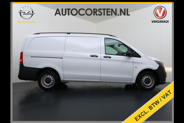 Mercedes-Benz Vito 114CDI 136pk AUT-7 L2 Lang Trekhaak Euro-6 Airco Cruise Control Bluetooth Lane Asist Pdc Betonplex Vloer Wandbetimmering Kast inbouw Achter+Geblindeerde-Raam Schuifdeur 1e Eigenaar 2.000KG Trekgewicht Nette Bus!