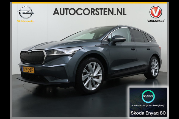 Škoda ENYAQ iV 80 Trekhaak SOH 95% Warmtepomp Adap.Cruise 3-Zone Ecc 360°Camera Stuur+Stoelverwarming Navi Ecc Pdc Draadloze telefoonlader Keyless Privacy Glas Lmv Led Apple Carplay Android Auto DAB P-Assist Dodehoek detectie File Asist 1.000KG Trekgewicht Origineel Nederlandse Auto
