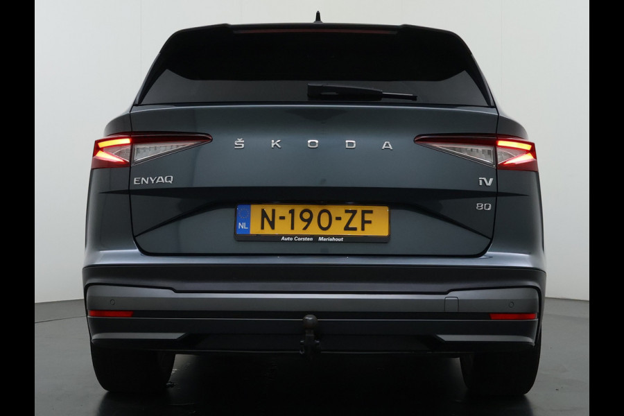 Škoda ENYAQ iV 80 Trekhaak SOH 95% Warmtepomp Adap.Cruise 3-Zone Ecc 360°Camera Stuur+Stoelverwarming Navi Ecc Pdc Draadloze telefoonlader Keyless Privacy Glas Lmv Led Apple Carplay Android Auto DAB P-Assist Dodehoek detectie File Asist 1.000KG Trekgewicht Origineel Nederlandse Auto