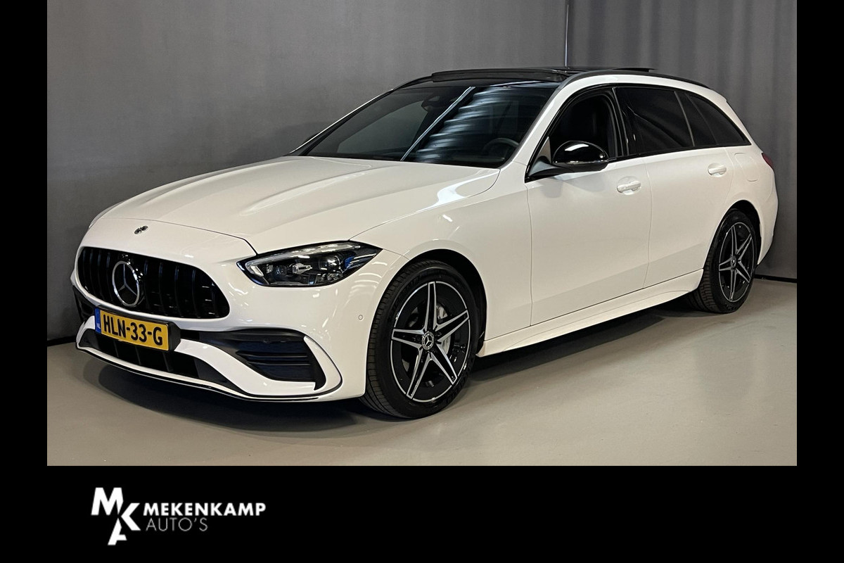 Mercedes-Benz C-Klasse Estate 300 e AMG Line C63 Diffuser/18"/Panoramadak/Laser LED/Trekhaak/Stoelverwarming + memory l + r/Adaptieve cruise/Sfeerverlichting premium/Elektrische klep/Apple Carplay & Android Auto