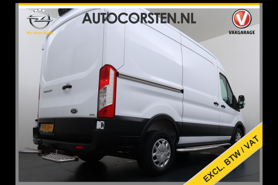 Ford Transit 350 2.0TDCI 170PK Automaat L2H2 3-Persoons Trekhaak Euro 6 Navi Camera Cruise Control DAB Bluetooth Pdc Sidebars Betonplex Vloer Wandbetimmering 3.500KG Trekgewicht 1e Eigenaar Origineel Nederlandse Auto