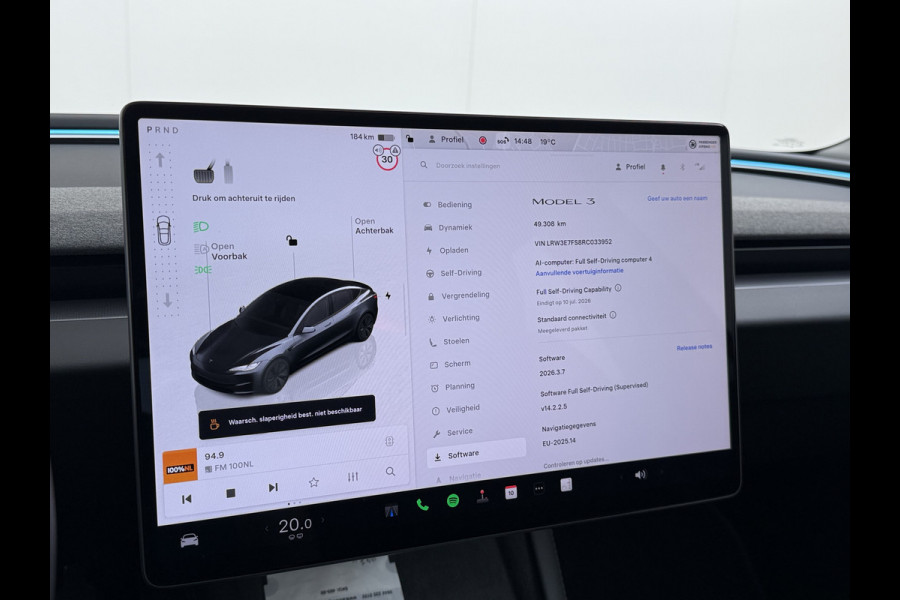 Tesla Model 3 RWD Highland NIEUW MODEL LFP SOH 94% Warmtepomp Entertainment Display Achter FSD 4 Computer AMD Ryzen™ Stoel+Achterbank+Stuurver Lmv Led Elek.Achterklep Draadloos Laden Wifi Dodehoek detector Keyless Fabrieksgarantie tot 17-1-2028/80.000km! Garantie op Accu en Motor tot 17-1-2032/160.000km