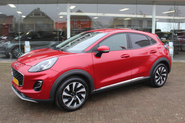 Ford Puma 1.0-125pk EcoBoost Mild-Hybrid Titanium. Fabrieksgarantie t/m 09-05-2027 ! Volautm. airco, stoel-, stuur- en voorraamverwarming, trekhaak, privacy glass, adaptive cruise cntrl, dodehoek assistent, camera, pdc v+a, rij-assistent pakket, winterpakket, metallic lak etc
