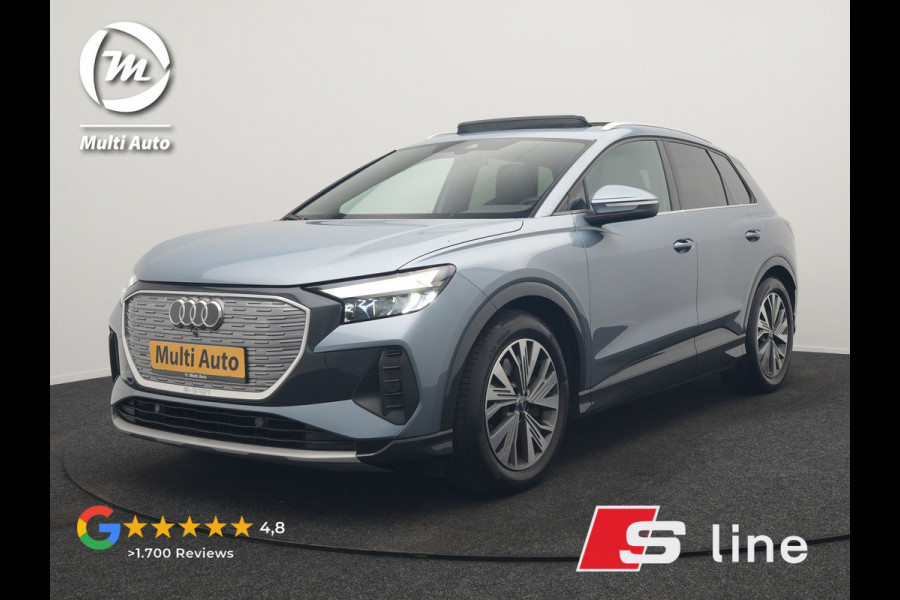 Audi Q4 e-tron 45 Quattro S Line 82 kWh 265pk Dealer O.H. | Trekhaak Af Fabriek | Panodak | Adaptive Cruise | Camera | Sportstoelen Memory & Verwarmd | Sfeerverlichting | Keyless | Navigatie | DAB |